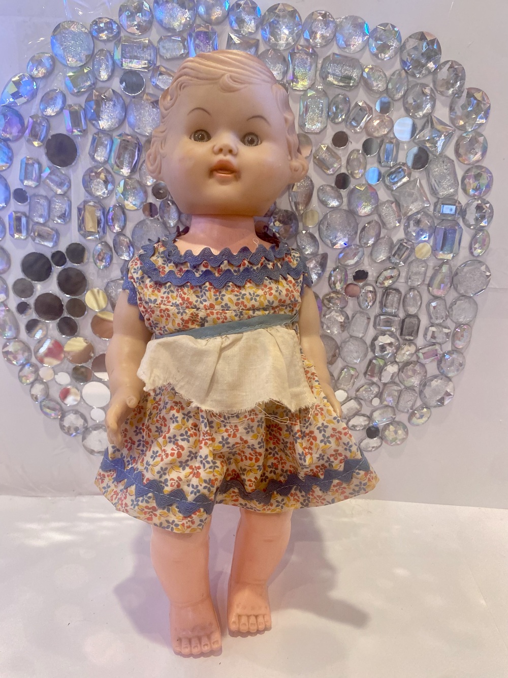 Vintage 12 Doll with Molded Hair & Floral Rickrack Dress Sweet Mystery Doll